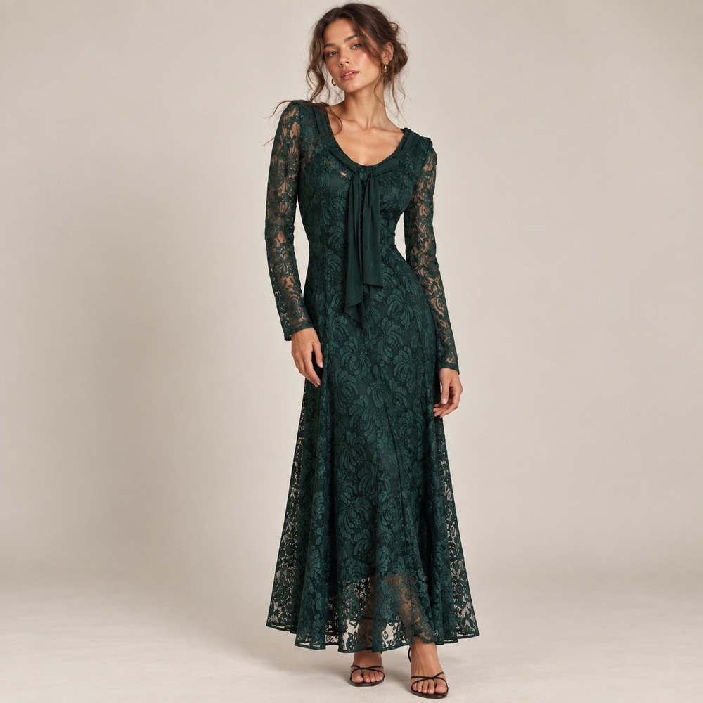 Karin Stevens Lace Dress Womens 6 Green Vintage 90s Floral Tie Neck Midi Evening